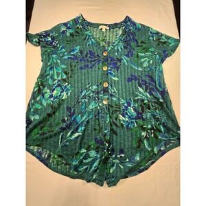 Ophelia Roe Womens 1X Green Floral Ribbed Knit Button Front V-Neck‎ Top